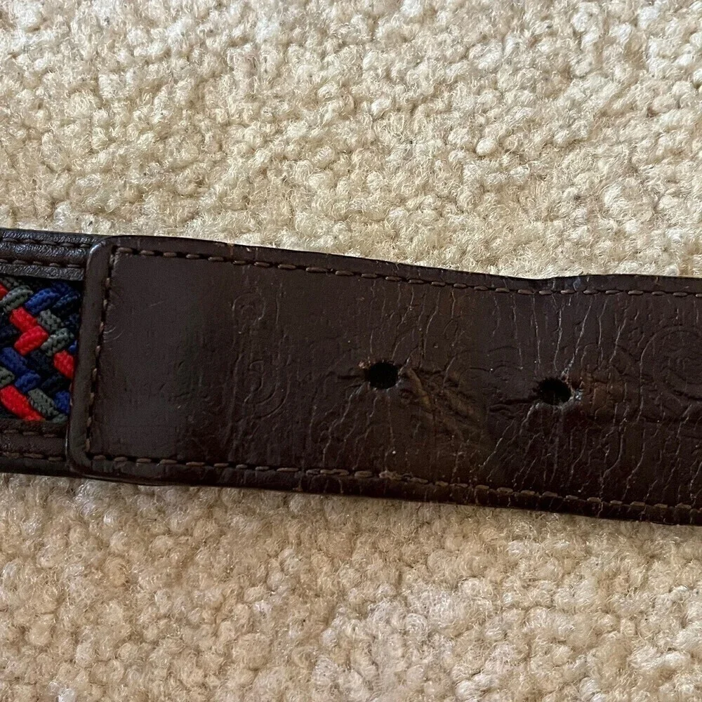 Robert Graham Men Belt 38 Braided Woven Red Blue Grey Tooled Brown Leather Golf